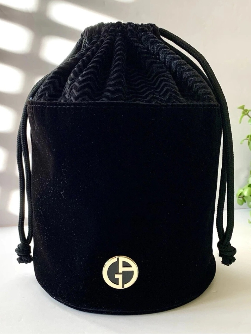 Giorgio Armani Black Velvet Drawstring Bucket Bag New